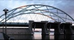Fox Point Hurricane Barrier and new Rt 195 bridge, Sunset , Providence, RI, USA