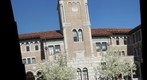 Hand-Held Panorama of Keck Hall Tower on a Blue-Sky February Day