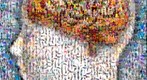 Photomosaic of a human brain superimposed over the head of a woman