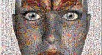 Photomosaic of the human brain superimposed over a woman's head.