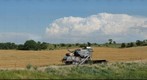 Combine, Wheatfield, and Thunderheads, north of Russell, Kansas